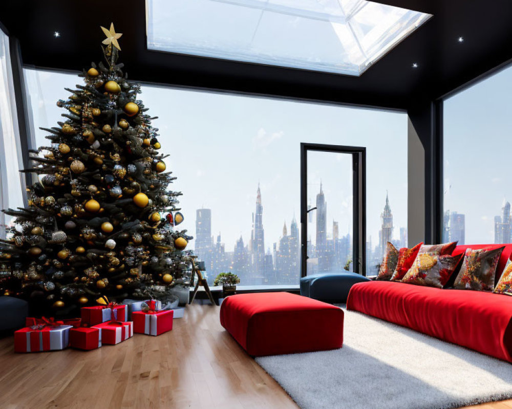 Christmas-themed modern living room with large tree, gifts, and skyline view.