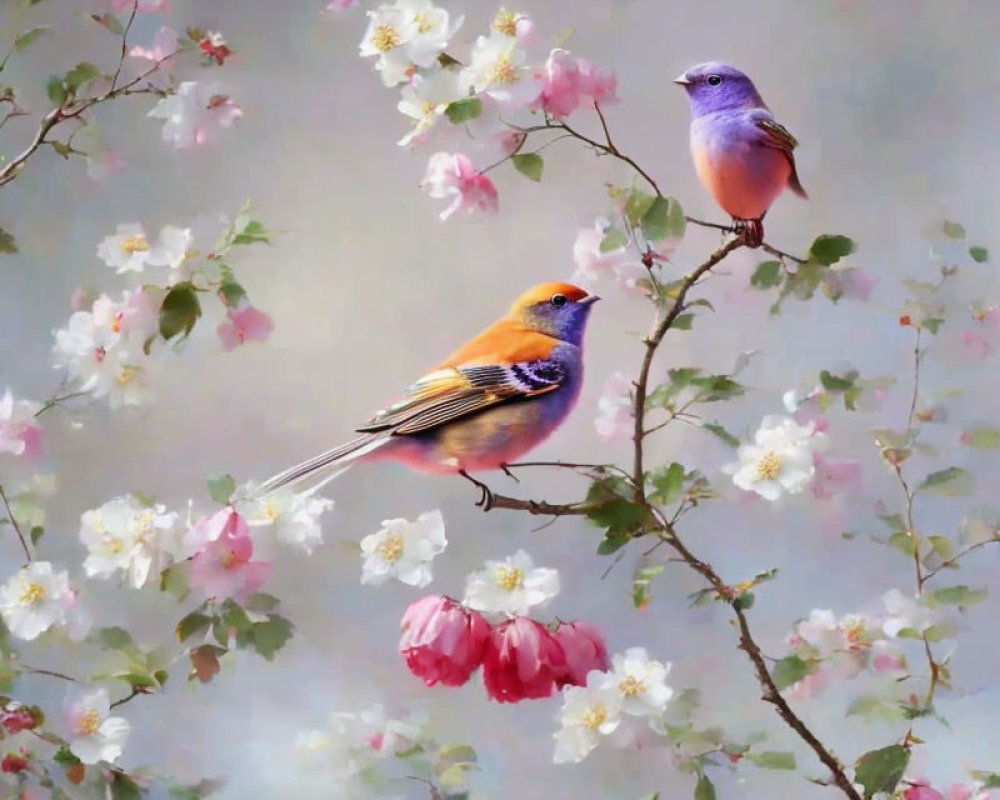 Colorful Birds Among White and Pink Blossoms on Dreamy Background