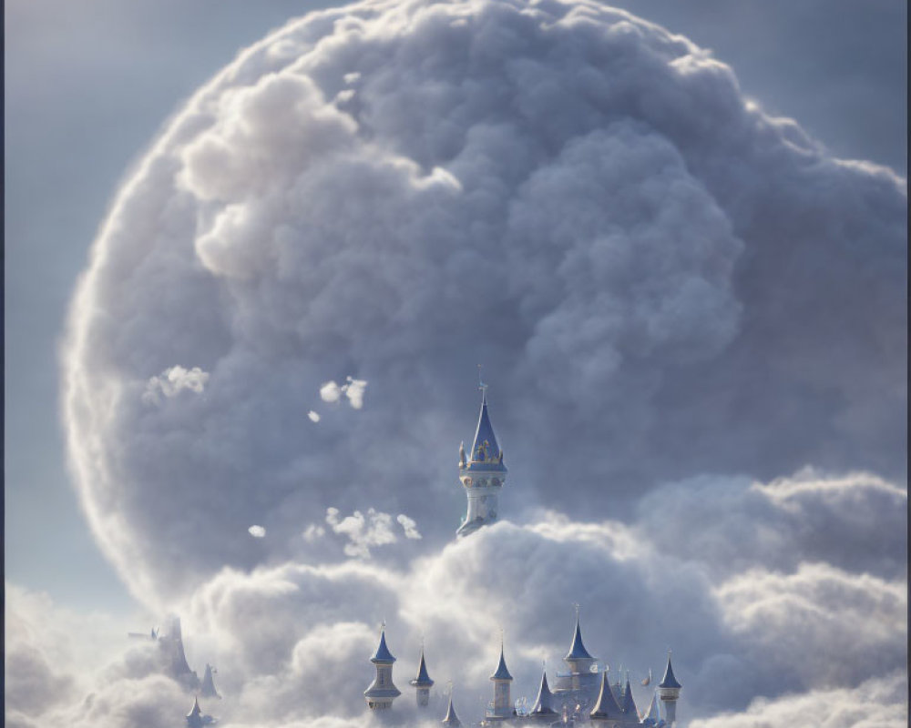 Whimsical castle on fluffy clouds under soft sunlight