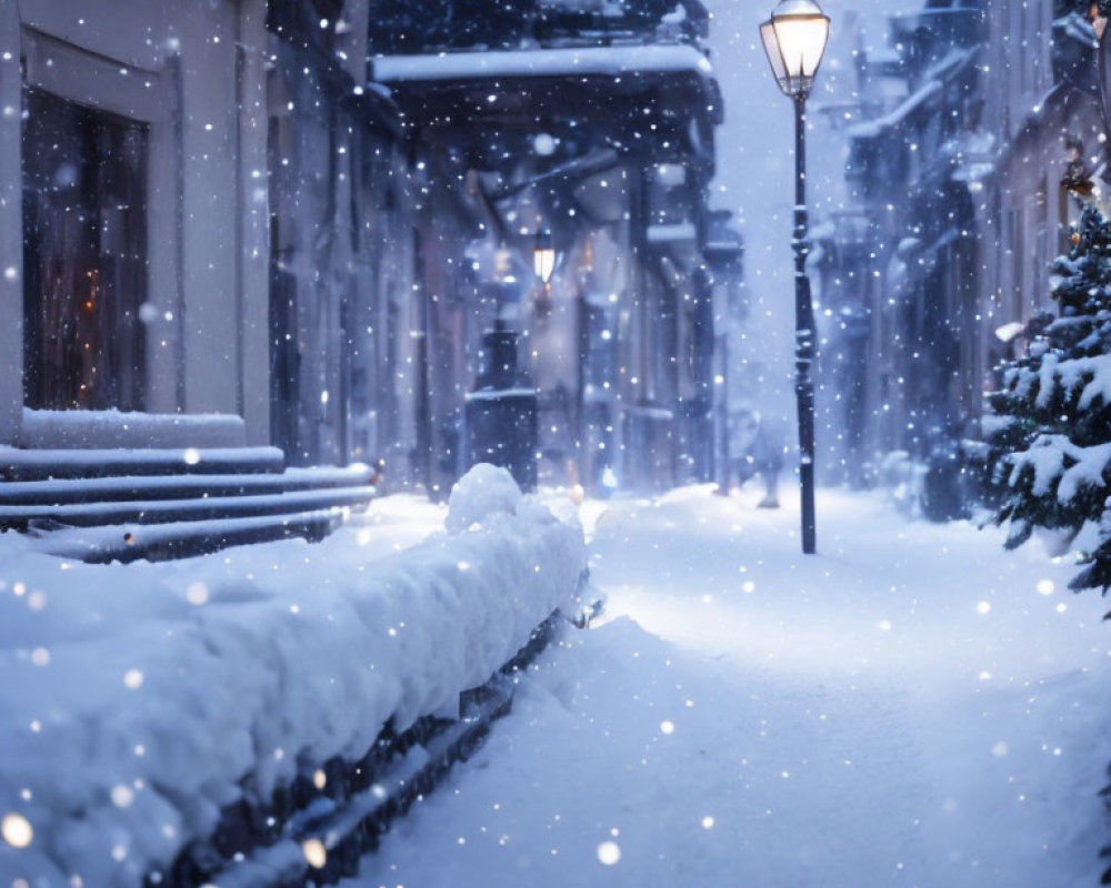 Snow-covered city street at night with glowing street lamp and falling snowflakes.