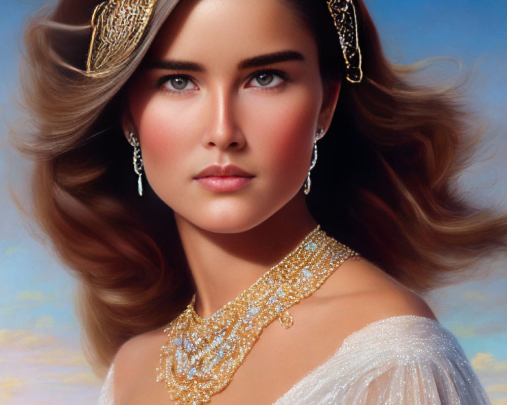 Elegant Woman Wearing Gold Jewelry and Headpiece with Brown Hair