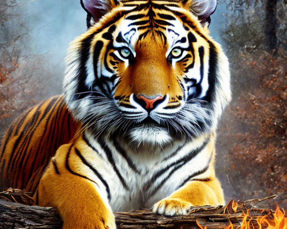 Majestic tiger with orange and black stripes on log above embers