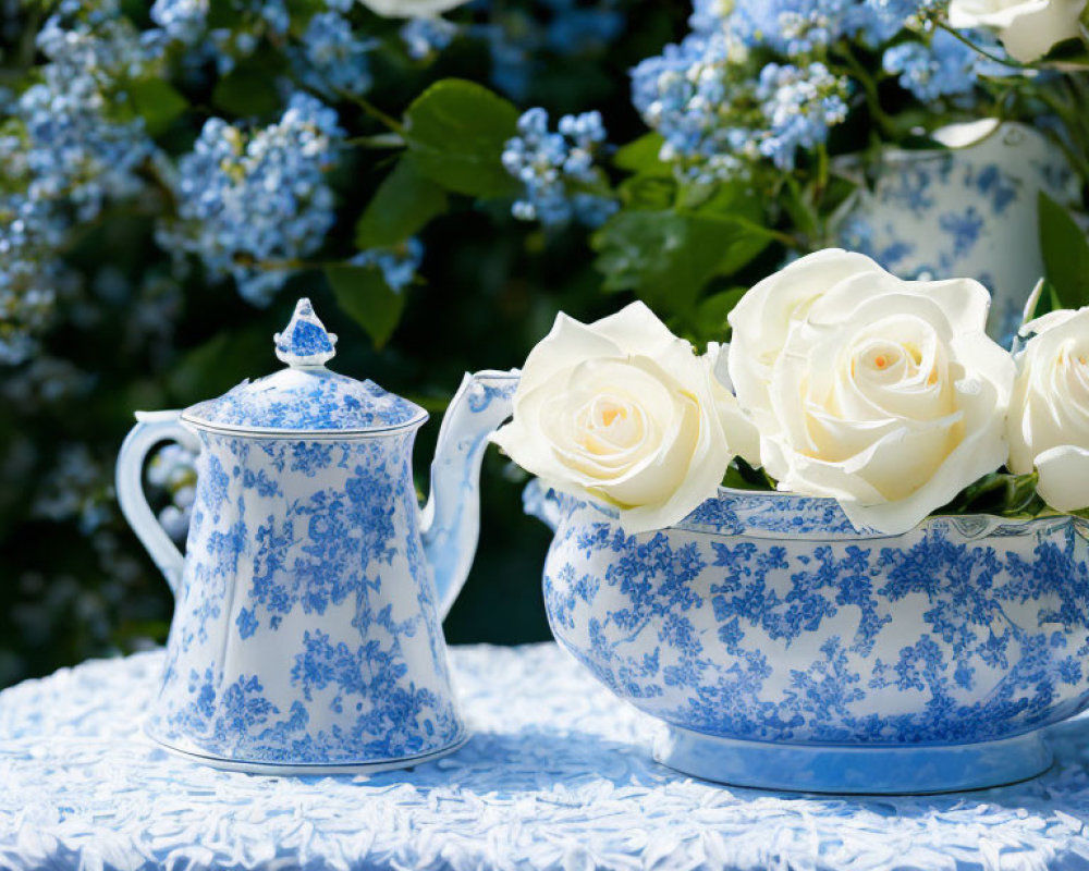 Blue and White Porcelain Teapot with Matching Bowl and White Roses on Floral Tablecloth