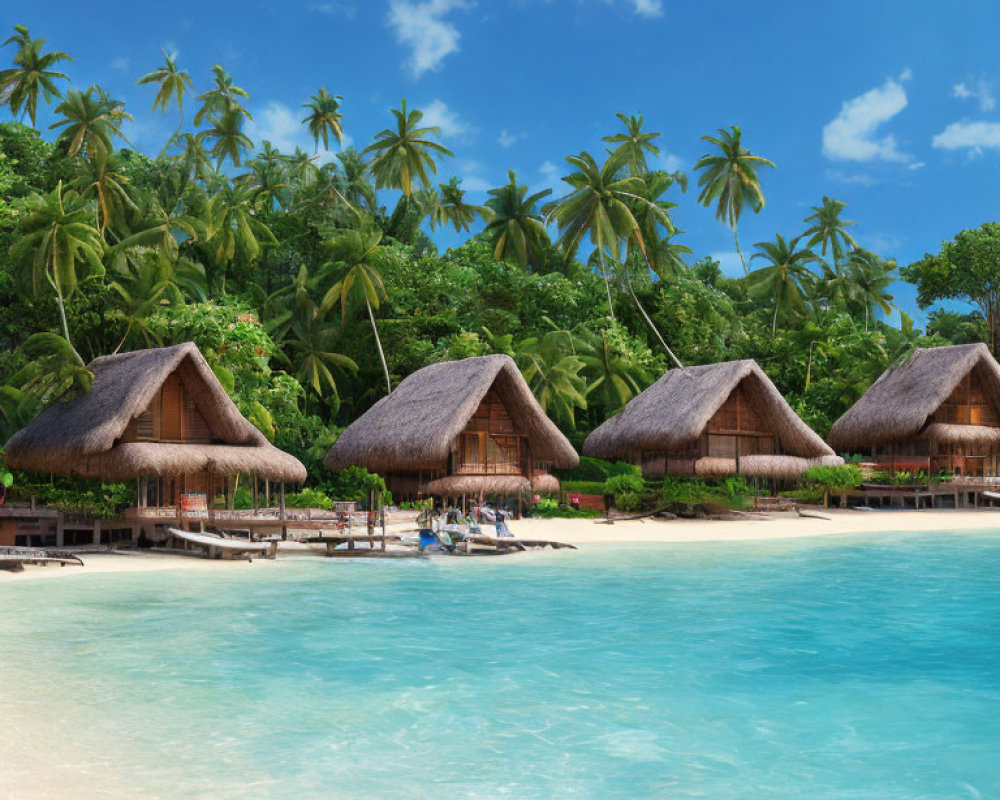 Tropical Beach Resort with Thatched Huts and Palm Trees
