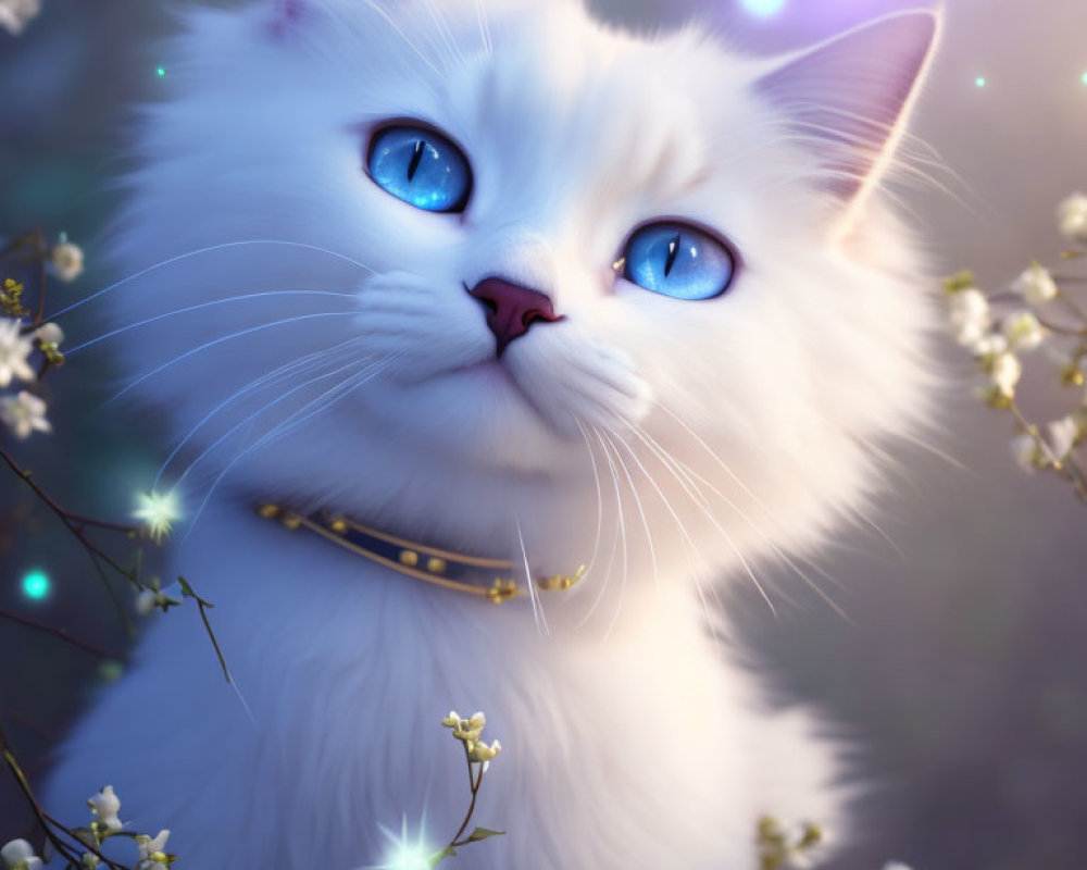 Fluffy white cat digital artwork with blue eyes and gold collar surrounded by lights and blossoms