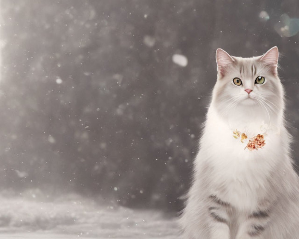 Graceful Cat with Decorative Collar Amid Falling Snowflakes and Pink Roses