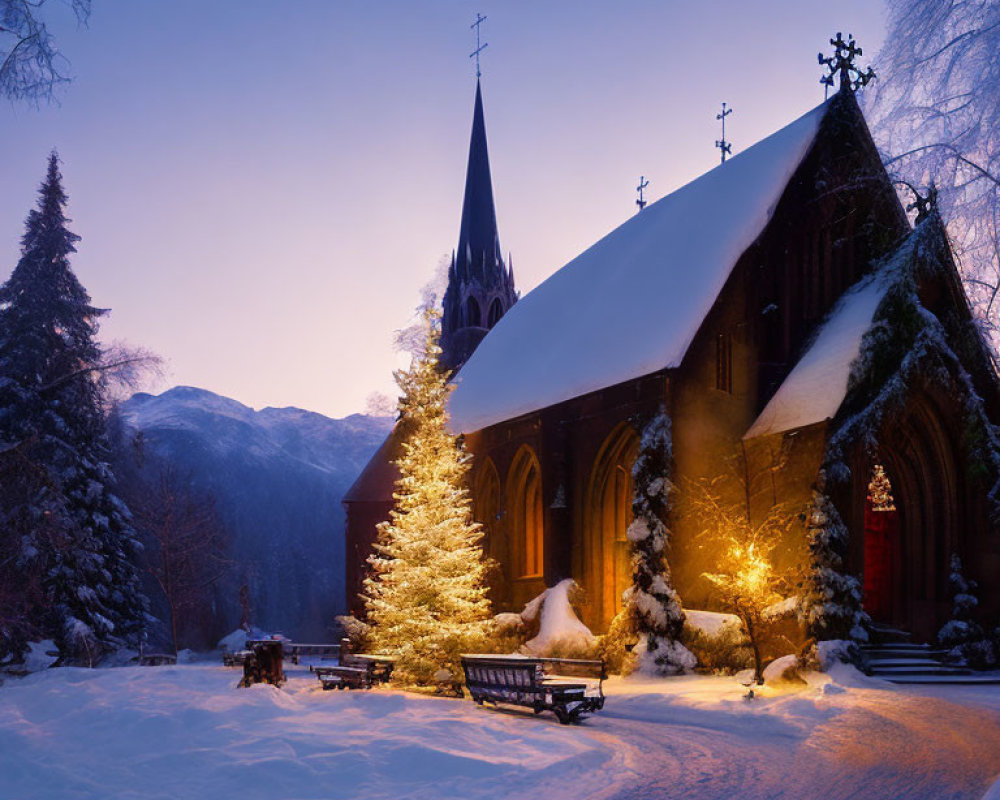 Snow-covered church with illuminated Christmas tree and lights at twilight.