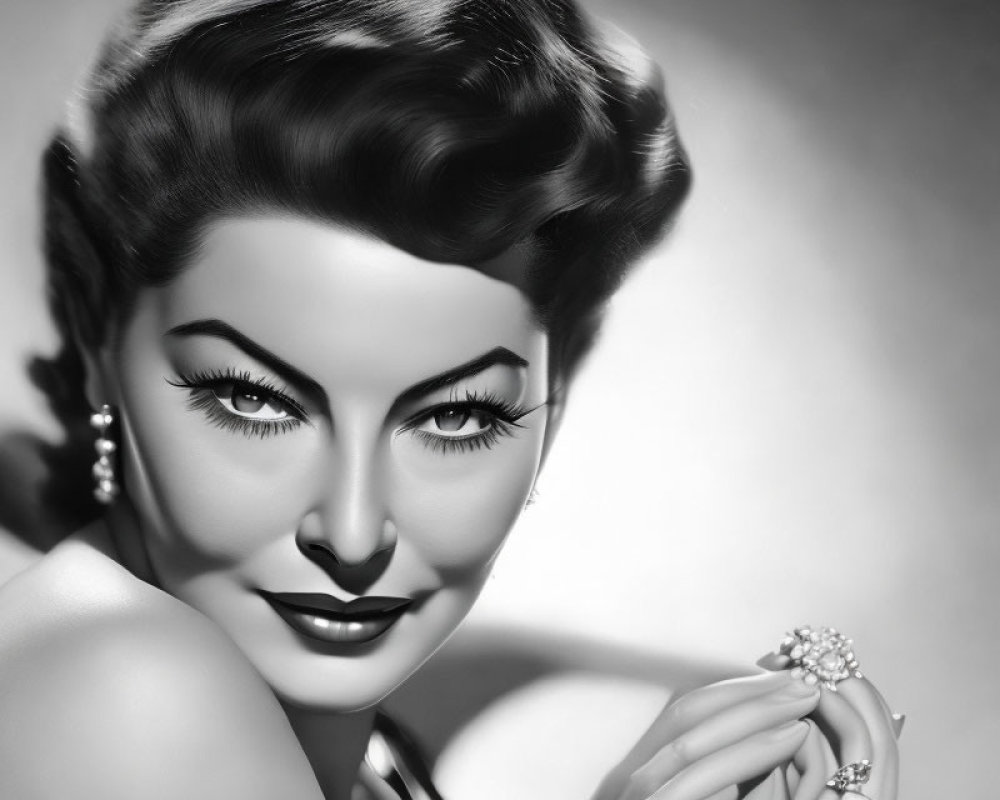 Vintage black and white portrait of a woman with elegant makeup and accessories