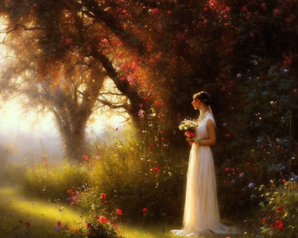 Serene bride in white dress with bouquet in sunlit garden