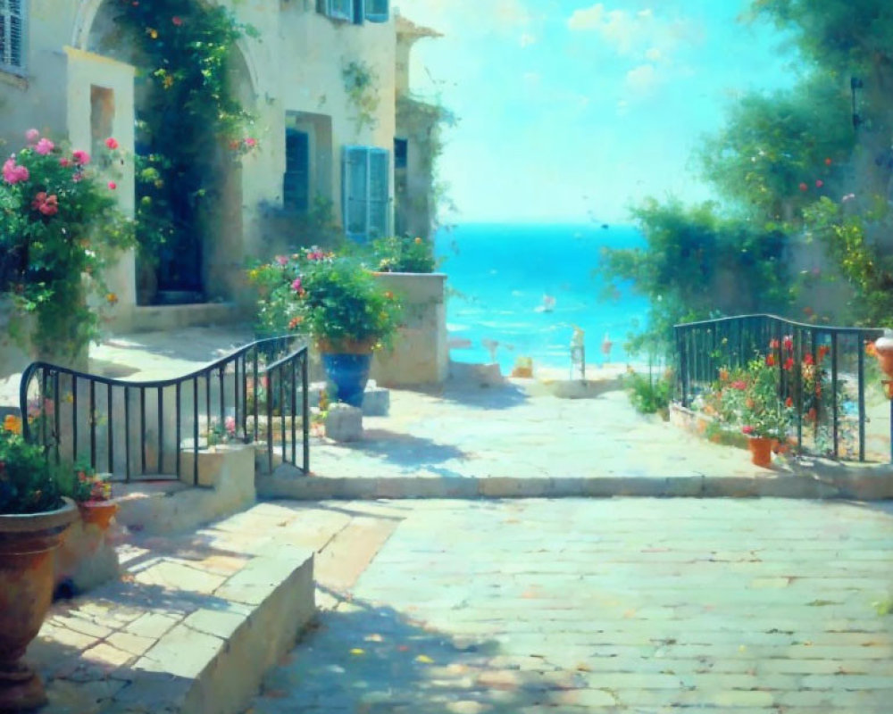 Tranquil coastal landscape with stone pathway, sunny beach, quaint houses, and vibrant plants