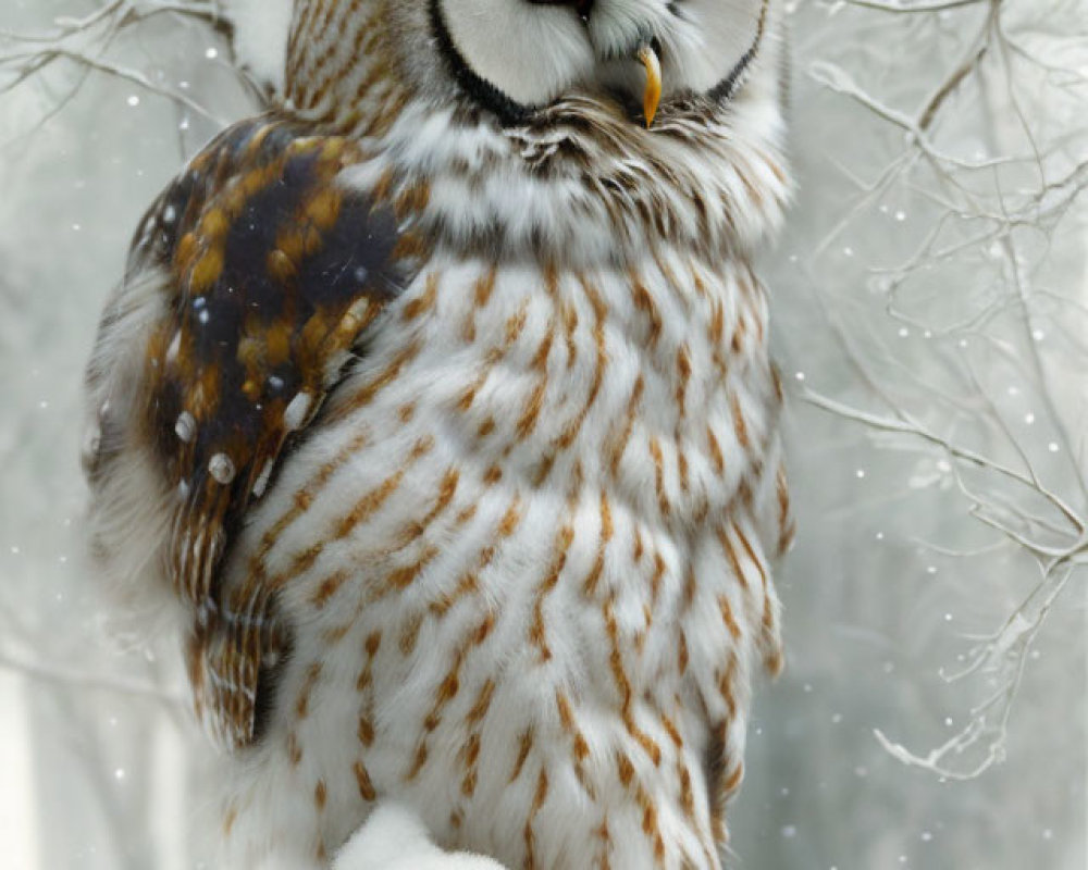 Snowy Owl Perched on Snow-Covered Branch in Winter Forest
