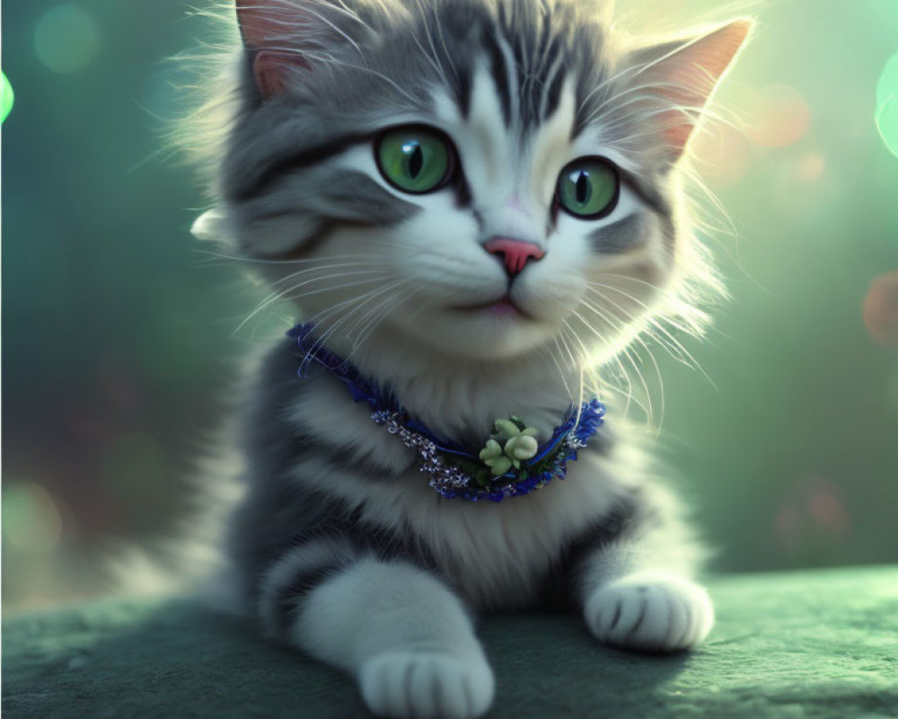 Tabby kitten with green eyes and floral necklace on bokeh background