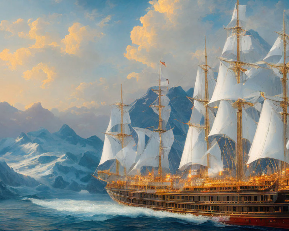 Sailing ship with white sails near snow-capped mountains