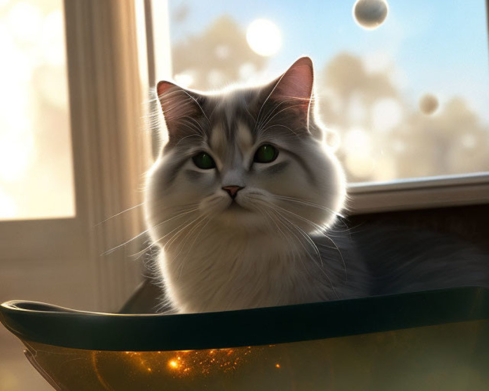 Fluffy cat in glowing bowl by window with sunlight and floating bubble