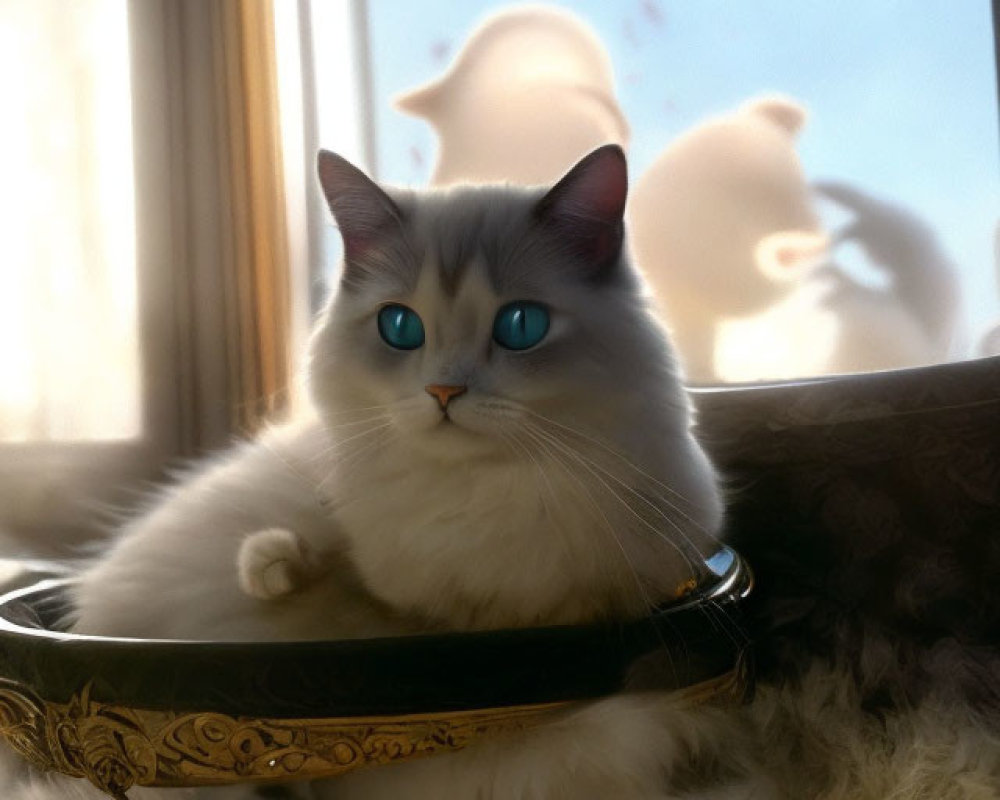 Fluffy white cat with blue eyes in golden bowl under sunlight