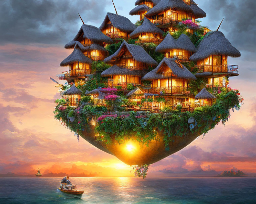 Fantastical multi-tiered treehouse village on floating island at sunset