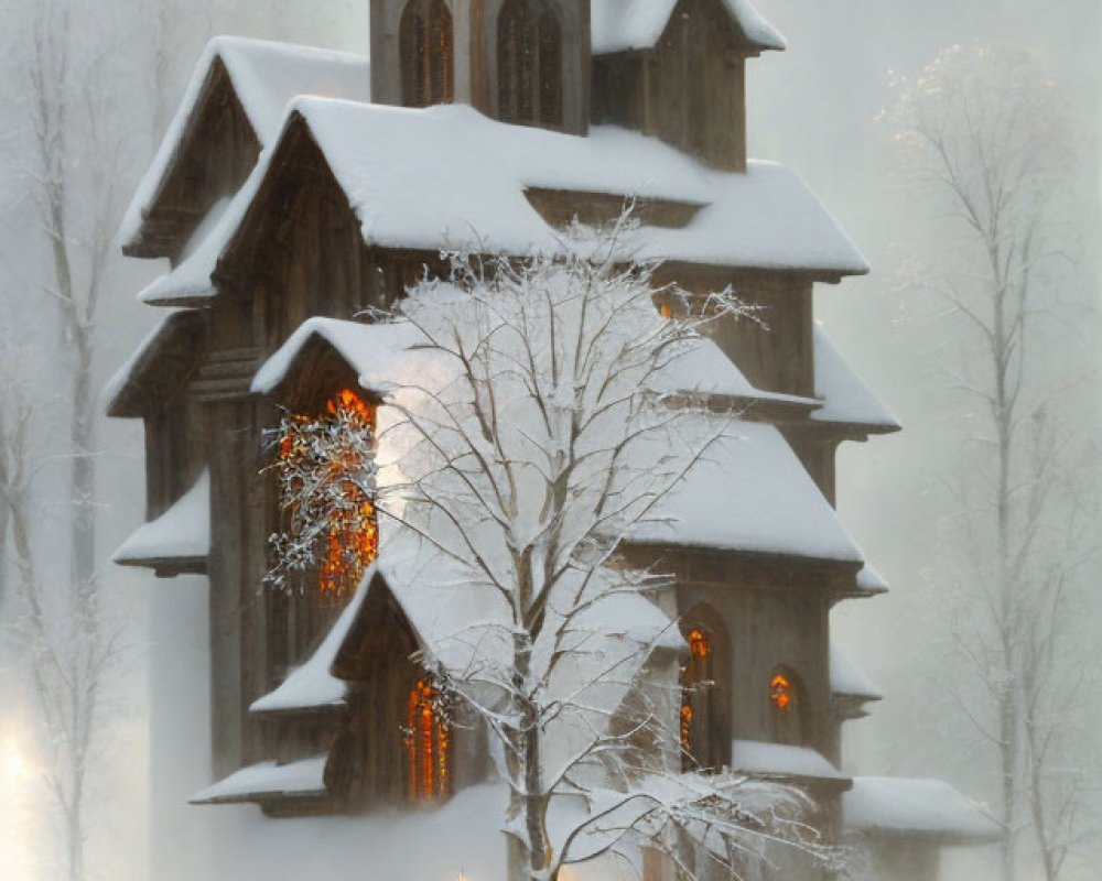 Snowy winter landscape with wooden building and bell tower in serene scene