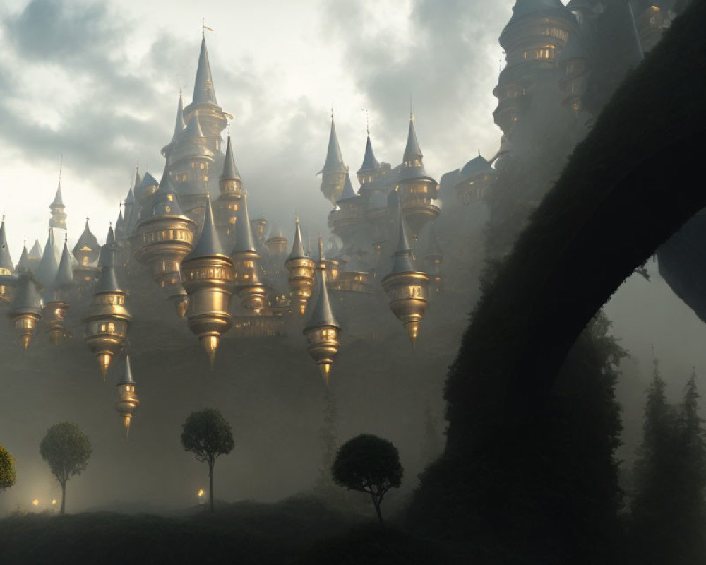 Mystical castle with towering spires in lush environment