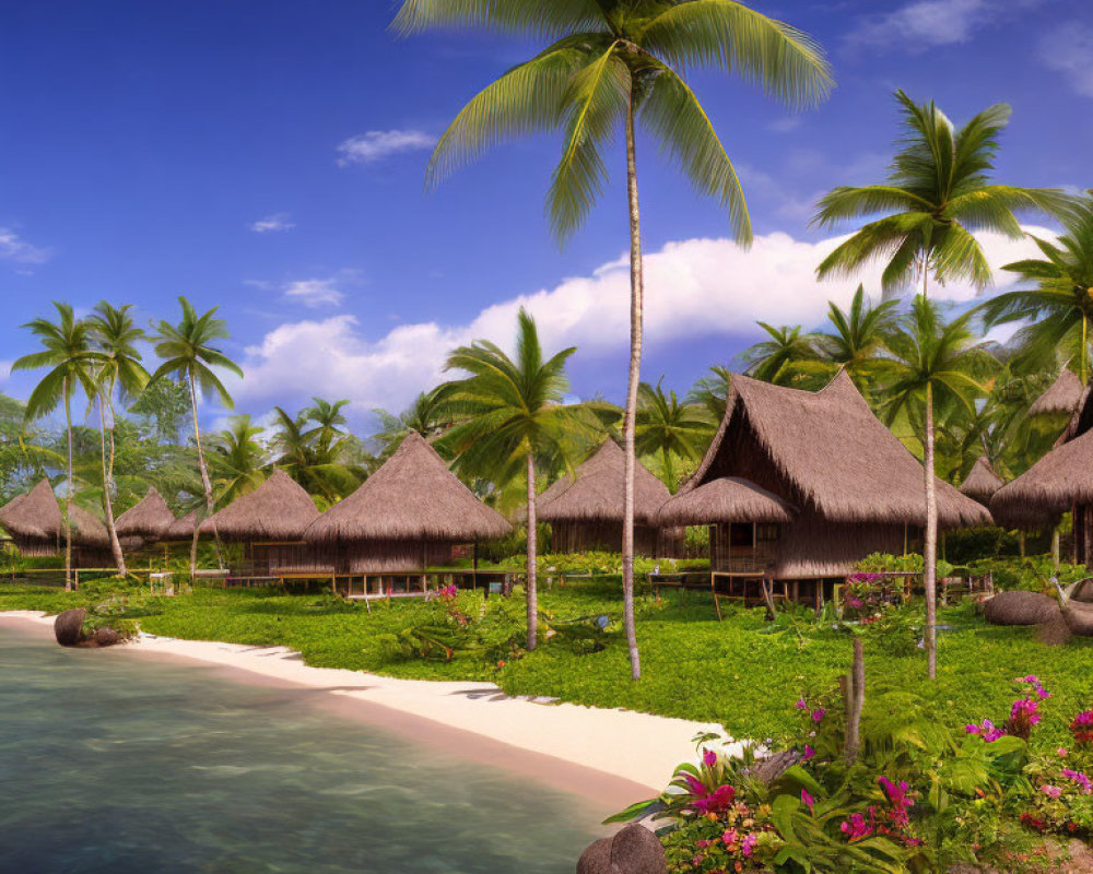 Tropical Beach Scene with Thatched Huts and Palm Trees