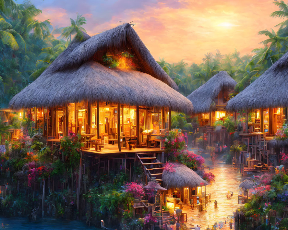 Tropical Thatched-Roof Bungalows Over Water at Sunset
