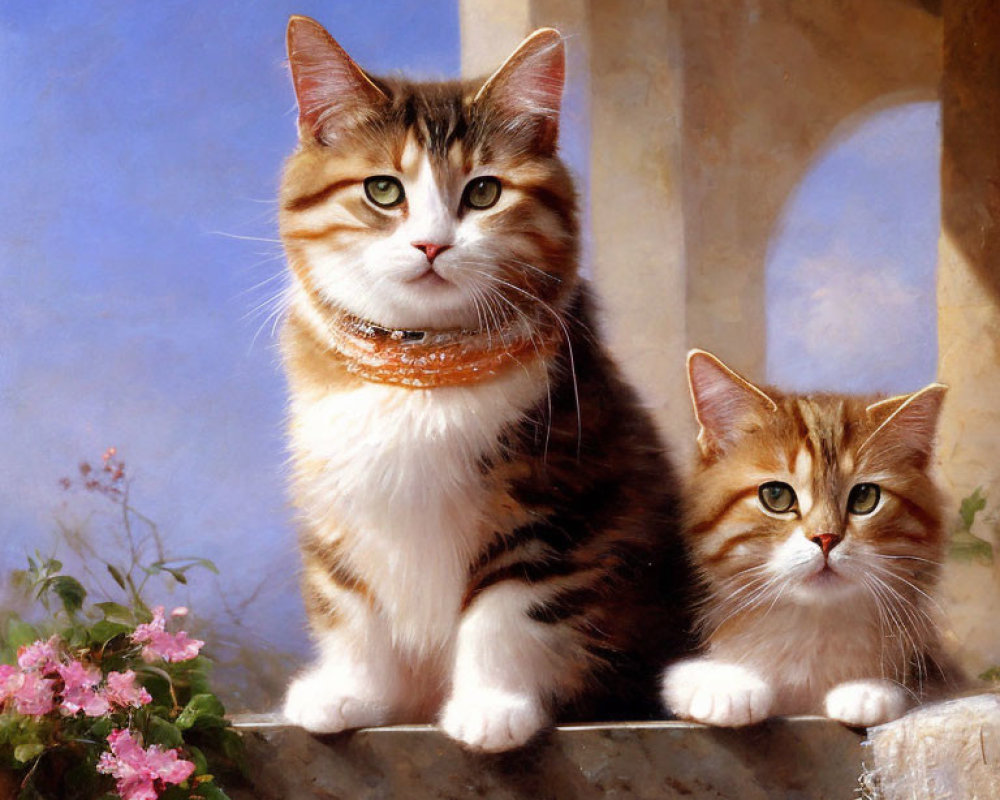 Fluffy Tabby Cats with Green Eyes on Sunlit Ledge Beside Pink Flowers