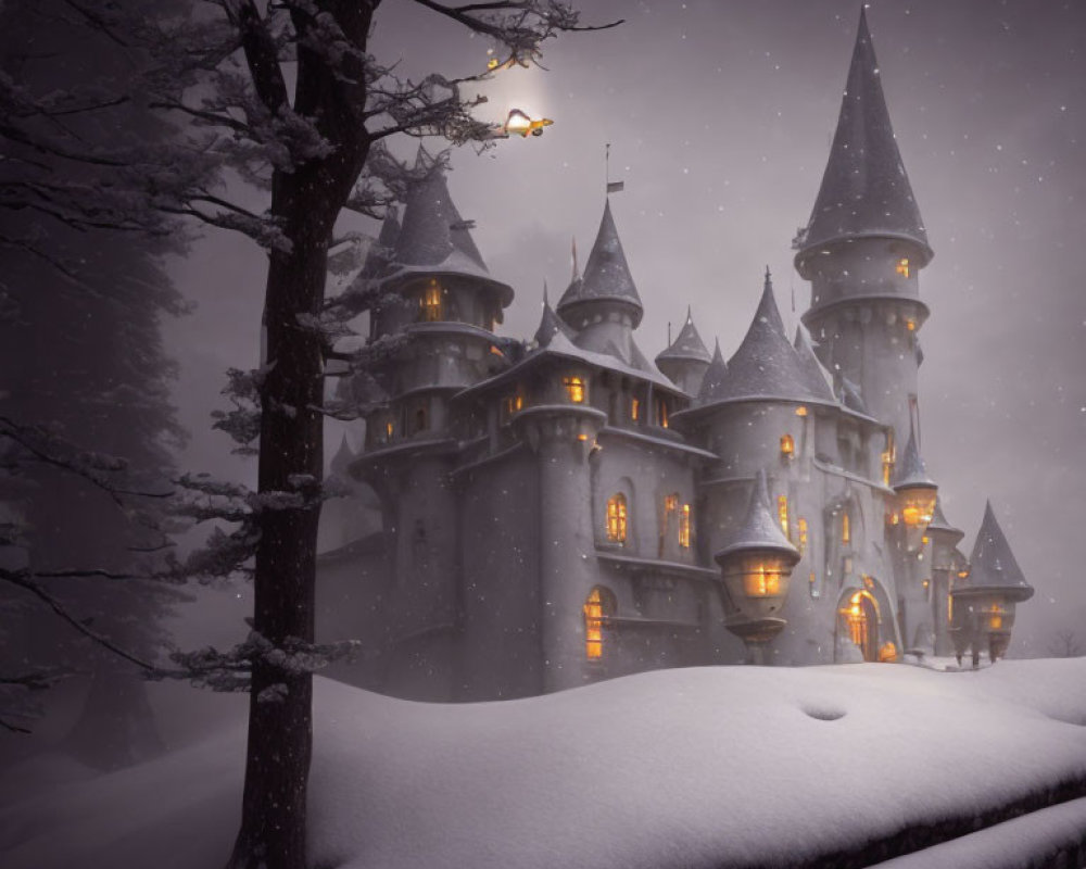 Snowy landscape with mystical castle, lit windows, spires, and dusk sky.