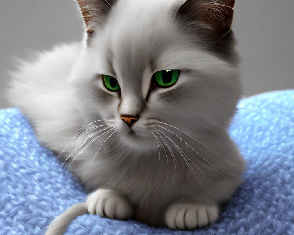 Fluffy White Cat with Green Eyes on Blue Blanket