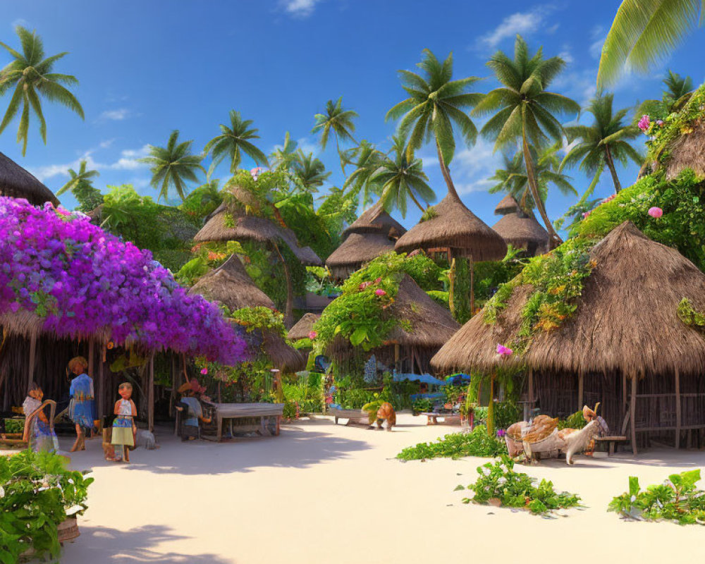 Tropical village scene with thatched-roof huts and lush greenery