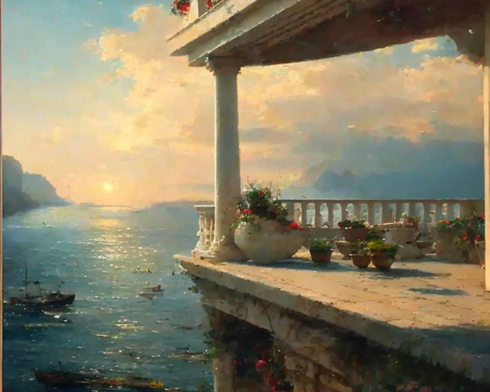 Tranquil seascape painting with balcony, flowers, sea, boats, and soft sky.