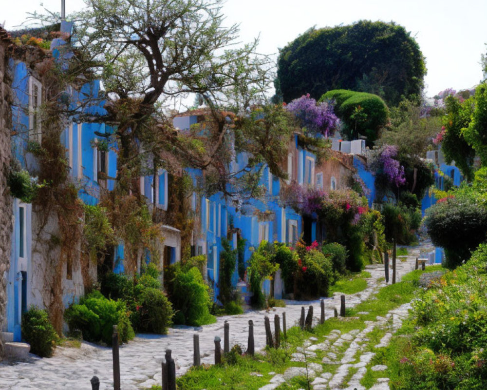 Charming cobblestone street with colorful houses and greenery