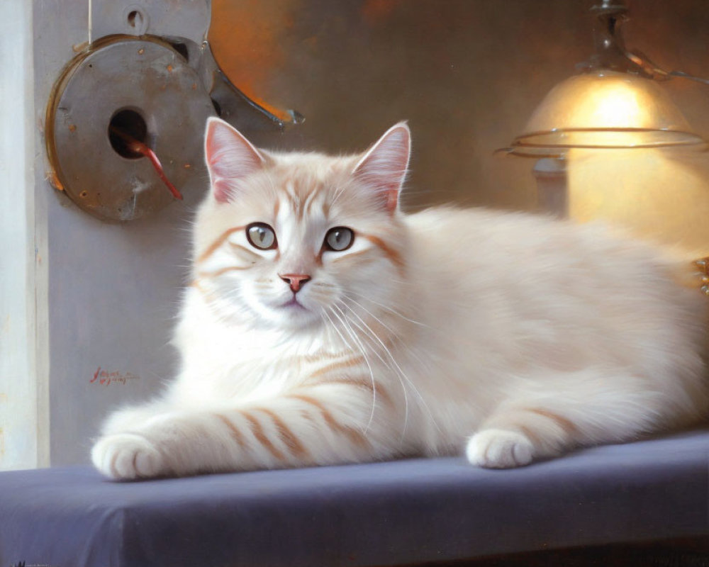 Fluffy white and beige cat with striking markings lounges on ledge with vintage metallic fixtures