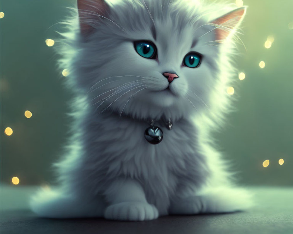 Adorable White Kitten with Blue Eyes and Bell Collar on Bokeh Background
