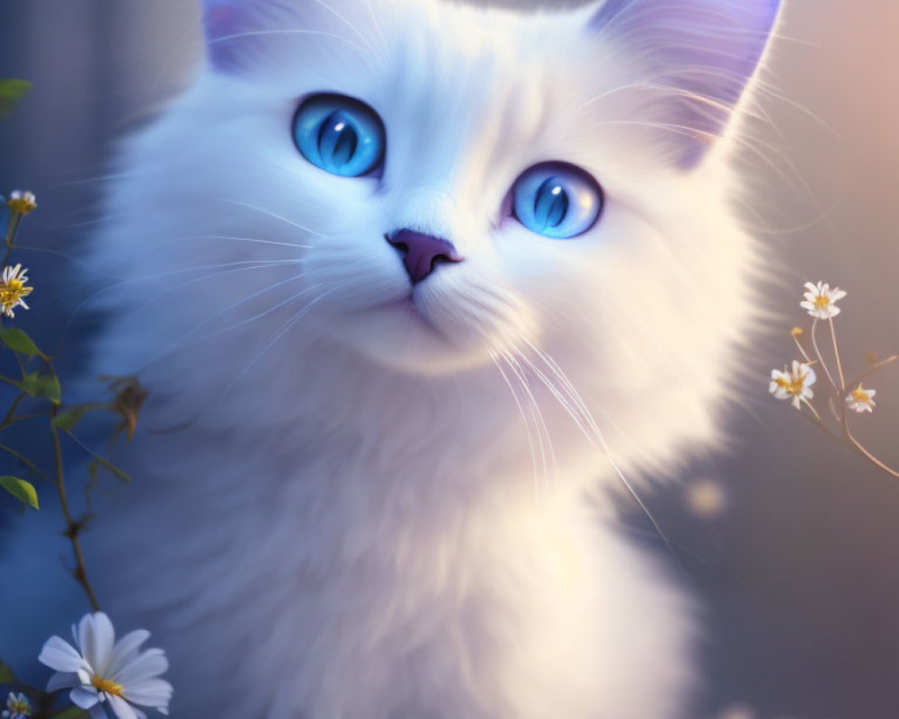 Fluffy White Cat with Blue Eyes Among White Flowers