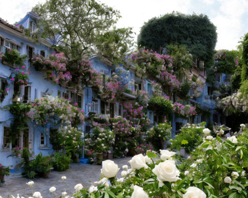 Charming cobblestone street with blue houses and flower-filled balconies
