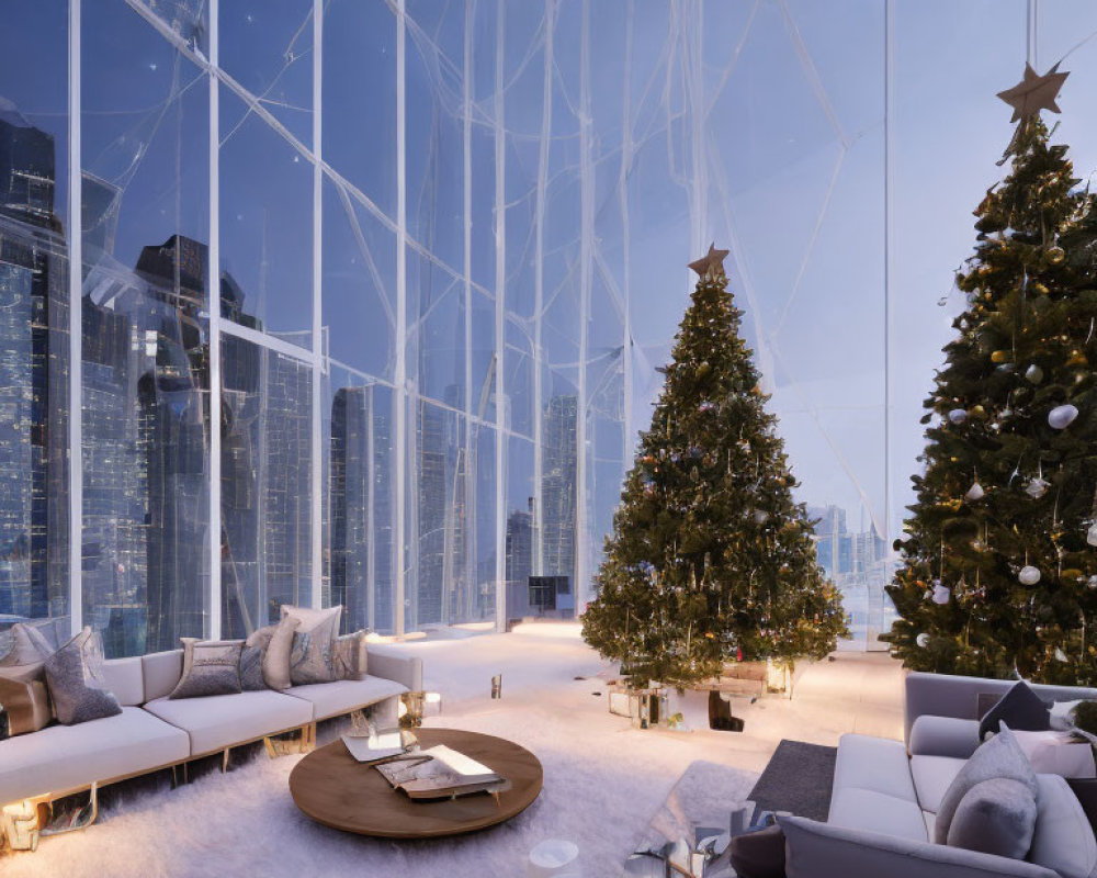 Elegant Christmas-themed interior with city skyline view