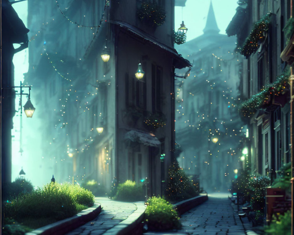 Tranquil Cobblestone Alley with Hanging Plants and Glowing Lanterns
