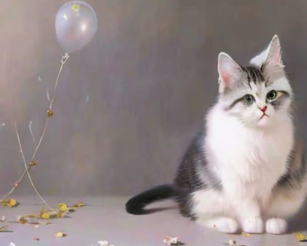 Fluffy white and grey cat with balloon and flowers on ground