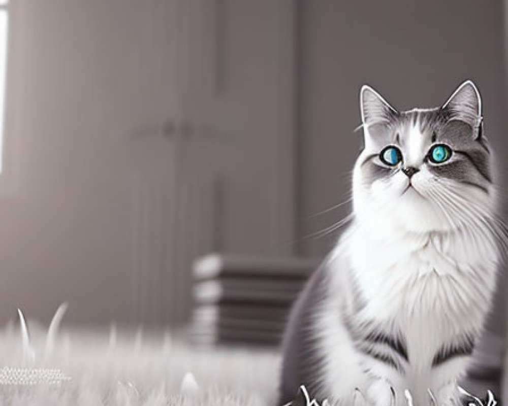 Gray and White Cat with Blue Eyes on White Carpet in Monochromatic Room