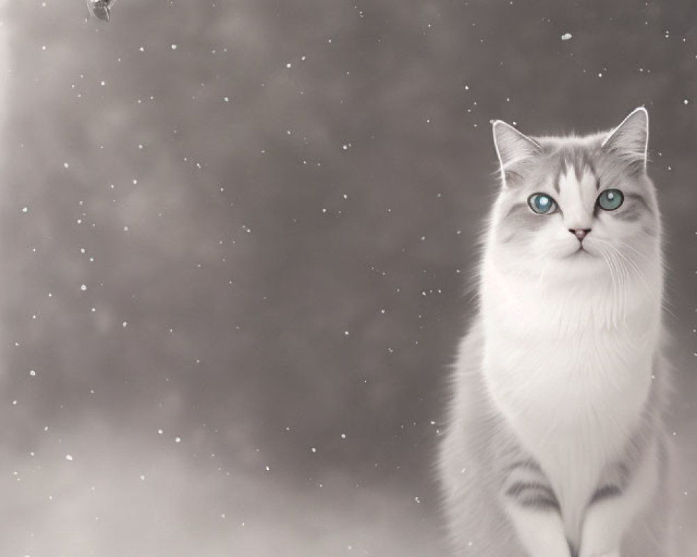 White cat with blue eyes observing snowflakes and dandelion seed on rock
