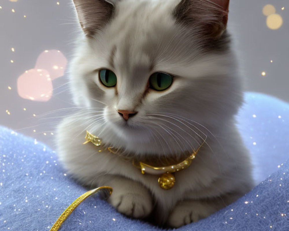 Fluffy white cat with golden collar on blue sparkly surface