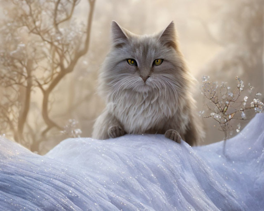 Fluffy cat with yellow eyes on blue surface with frosty branches
