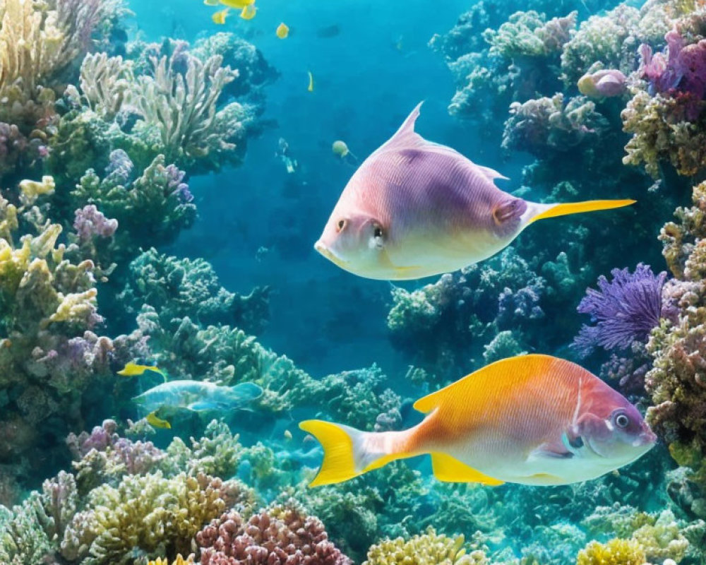 Vibrant coral reefs with colorful fish in clear underwater scene