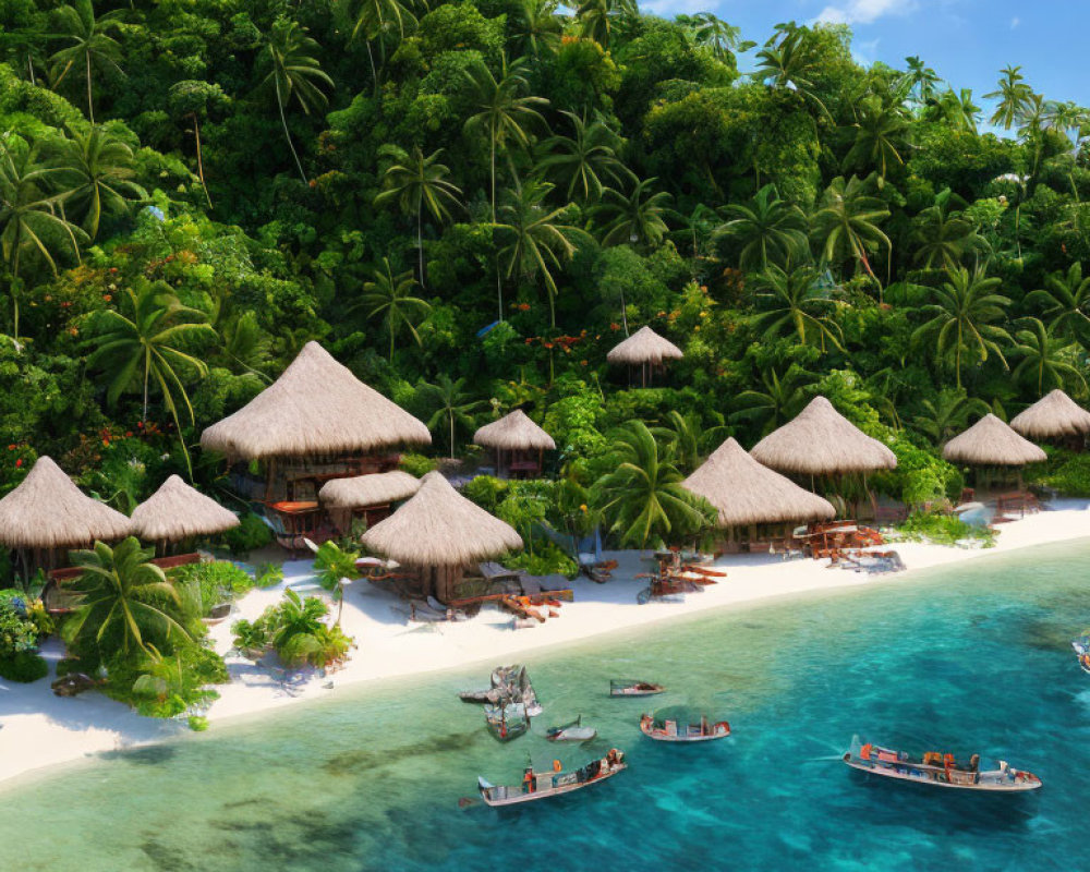 Thatched Bungalows on Sandy Beach with Boats and Lush Greenery