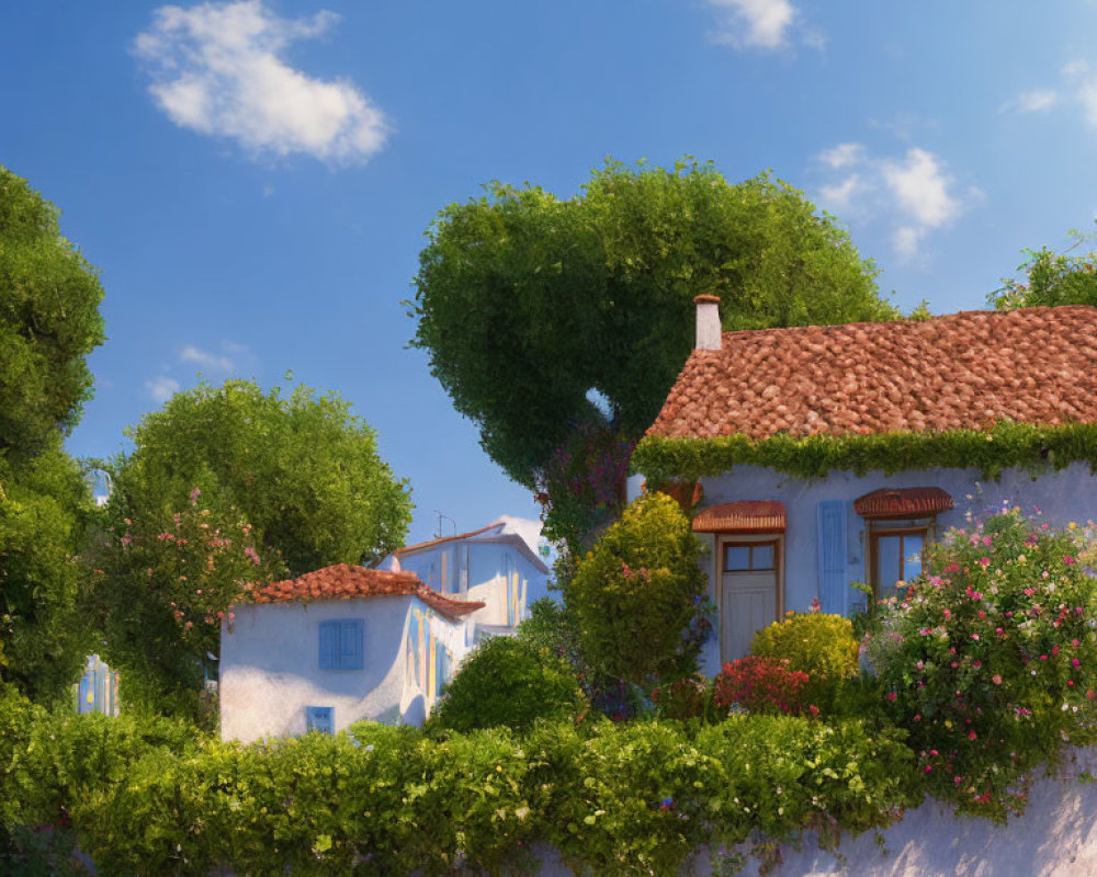 Charming white houses with terracotta roofs amid lush greenery and blooming flowers