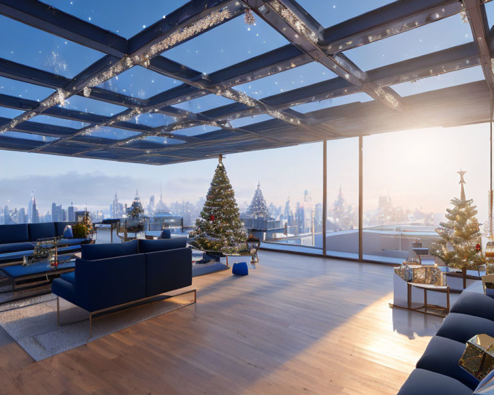 Christmas-themed modern living room with city skyline view and snowflakes décor
