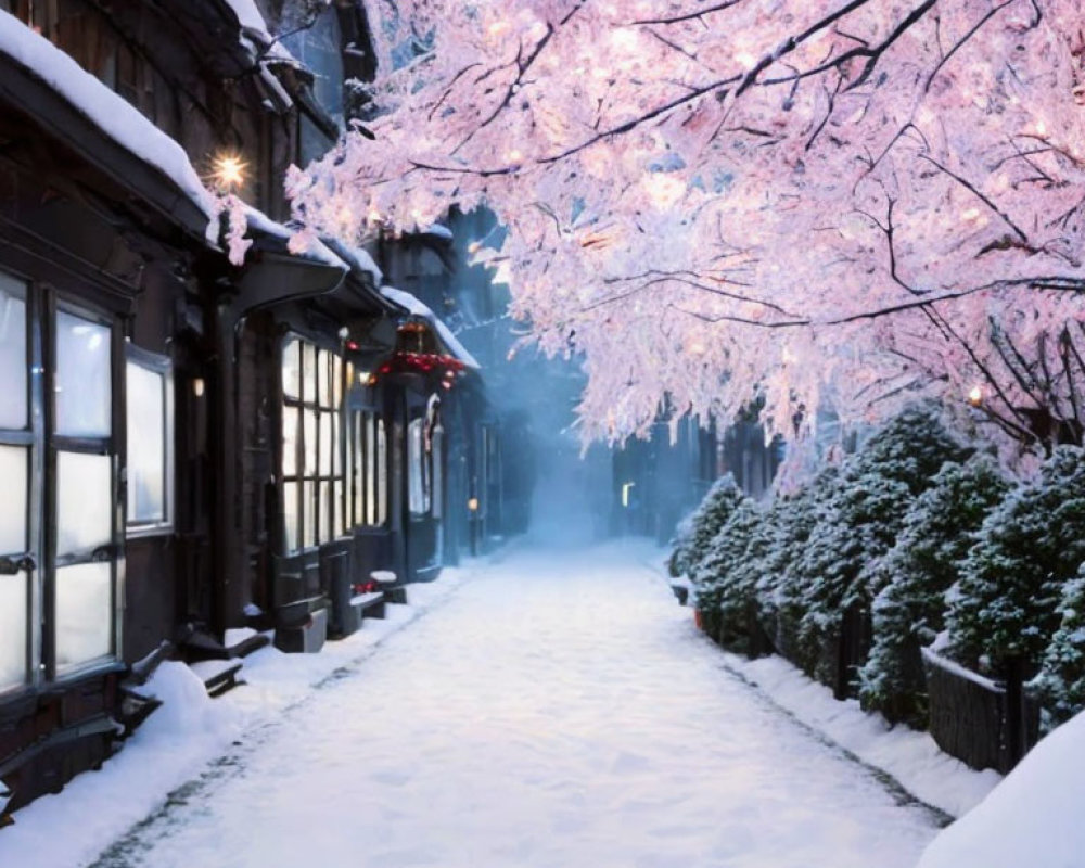 Snow-covered street with wooden buildings and cherry blossom trees in winter.