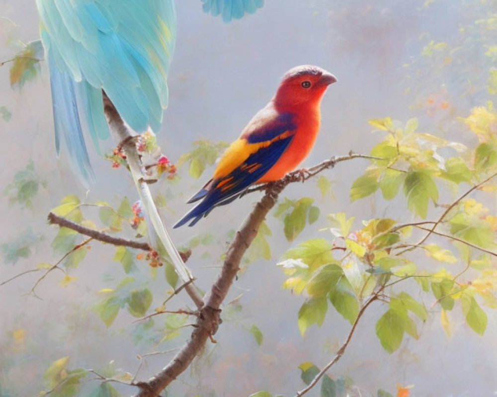 Vibrant painting of orange and blue bird on branch with flying blue and turquoise bird in lush foliage