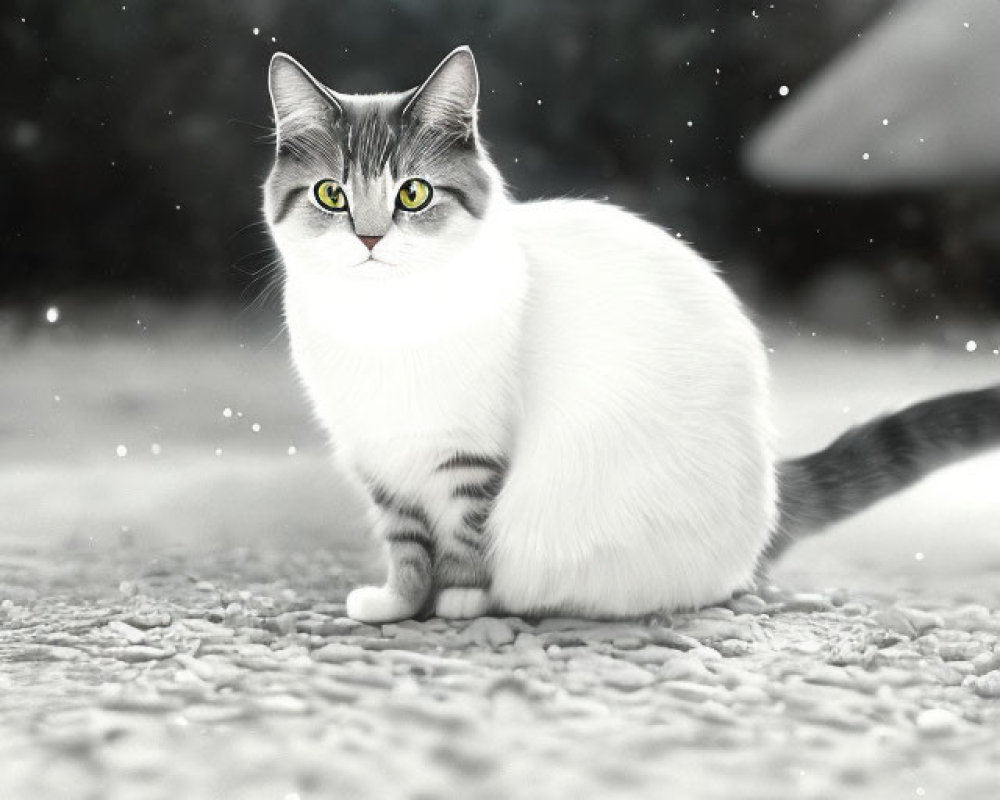 White Cat with Grey Markings and Yellow Eyes in Snowy Setting