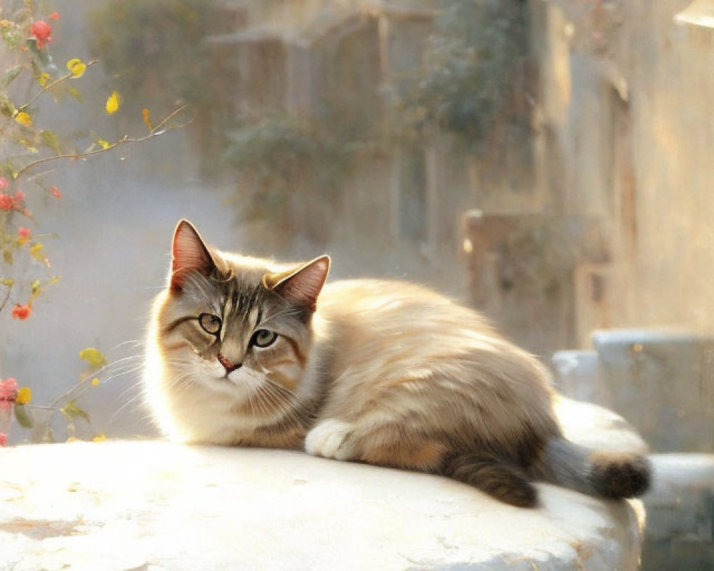 Fluffy cat resting on sunlit stone ledge with warm-toned background