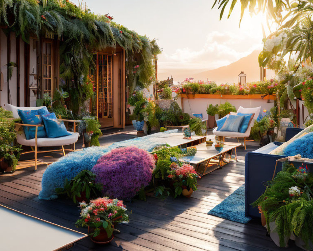 Sunset rooftop terrace with lush plants, flowers, seating, mountain view